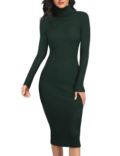 v28 Women Long Turtleneck Knit Stretchable Elasticity Long Sleeve Slim Fit Sweater Dress(L,Dark...