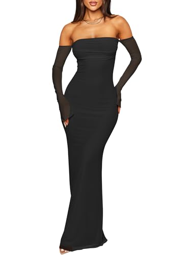Caracilia Womens Bodycon Off Shoulder Maxi Dresses Long Sleeve Mesh Ruched Sexy Cocktail Party Club Long Dress 2025 Fall Black X-Small
