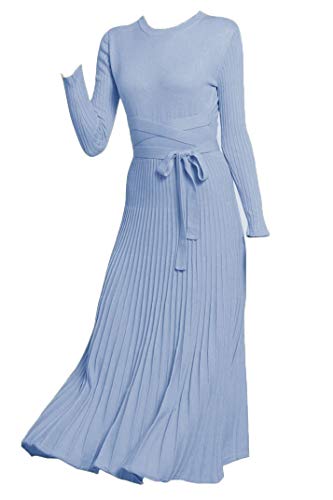 Image of Women's Long Knit Crewneck Sweater Dress Tie Waist A-Line Swing Pleated Bodycon
