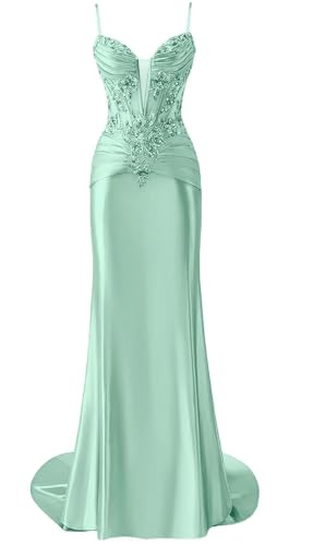 HPPEE Vestido de fiesta de satén con tirantes delgados y cuello en V para mujer, con apliques de encaje, plisado, largo, formal, verde menta, 58 Grande