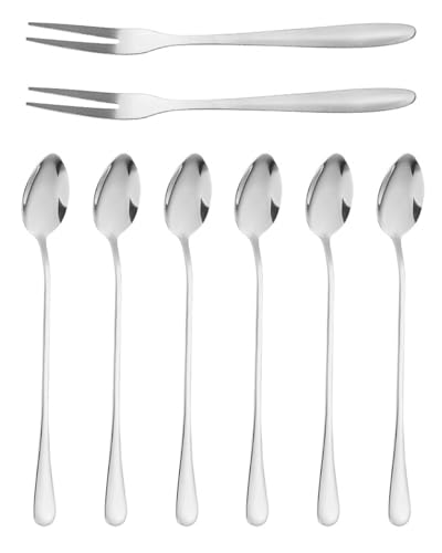 MYGLOAR 8PCS forchette da frutta con cucchiai da latte macchiato, cucchiaio da gelato in acciaio inossidabile da 19,5 cm, cucchiaio da yogurt, cucchiaino da tè con manico lungo, cucchiaino da tè