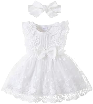 Renotemy Infant Baby Girl Tulle Tutu Dress - White Lace Boho Fairy Dress with Headband for Baptism,...