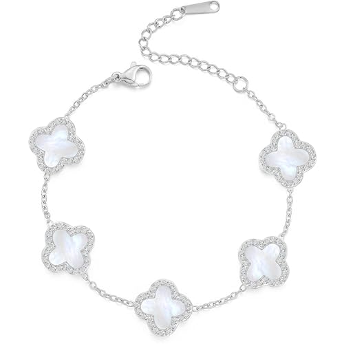 SHINYY Four Leaf Clover Bracelet for Women | 18K Gold Plated Cubic Zirconia Link Bracelet | 4 Leaf Lucky Jewelry Gift for Her (White Silver)