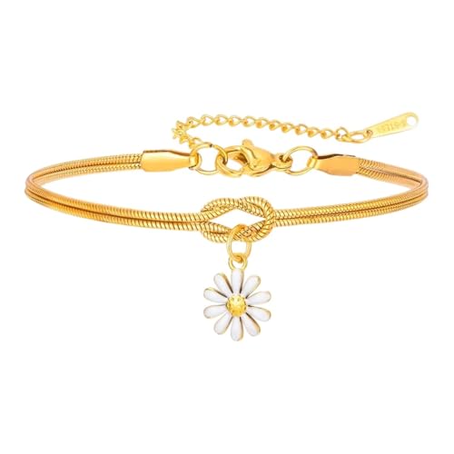 HOAETDIENTE Daisy Flower Charrm Bracelet Gold Color Stainless Steel Adjustable Knot Snake Chain Women Fashion Jewelry Gift