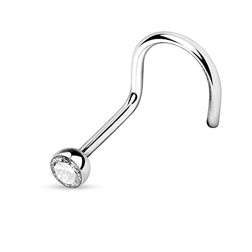 JEWEL BARREL Nose Screws with Crystal Small Gem Stone Nose Piercing Jewellery Studs Nostril Thin 20G Nasal Ring Surgical Steel (Clear)