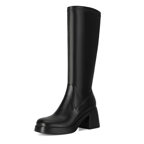 Dsevht Botas altas hasta la rodilla de cuero rojo oscuro para mujer, plataforma de tacón grueso, botas borgoña, punta cuadrada y diseño de cremallera lateral, vestido de moda, botas Gogo de los años