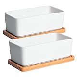 FaceColor 多肉植物鉢 陶器鉢 植木鉢 プランター サボテン鉢 ミニ盆栽 底穴あり 竹トレイ付き ホワイトセラミック 観葉植物 ガーデニング リビング 玄関 バルコニー 庭インテイア適用 長方形鉢 2点セット [注：パッケージ商品には植物は含まれません]