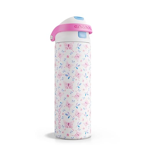 Image of ENCOOL Leakproof Insulated Water Bottle with Straw Dual-Sip Water Bottle Bag-Safe Design for Work, Commute & Gym - Keeps Drinks Cold All Day, 24 oz, Blossom Butterfly