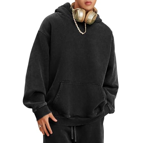 Mens Hoodies Vintage Oversized Hoodie Acid Wash Fleece Pullover Plush Heavyweight Streetwear Sweatshirts