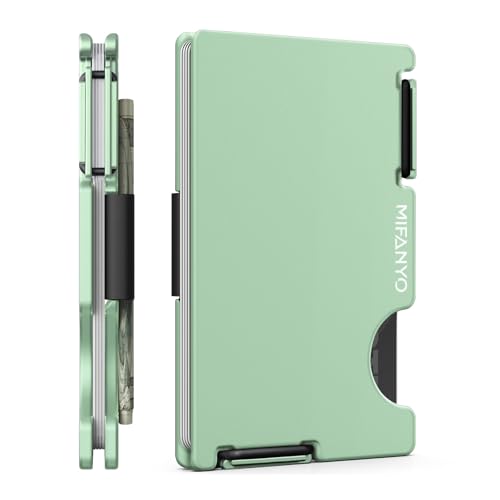 Metal Minimalist Wallet for Women, Ultra-Thin Aluminum Wallet with Cash Strap, Slim RFID Blocking Front Pocket Card Holder, Green