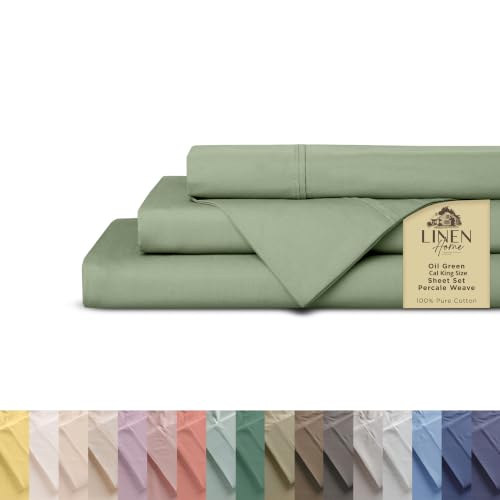 Image of Linen Home 100% Cotton Percale Sheets California King Size, Oil Green, Deep Pocket, 4 Pieces Set- 1 Flat, 1 Fitted and 2 Pillowcases, Crisp Cool and Long Staple Strong Bed Linen