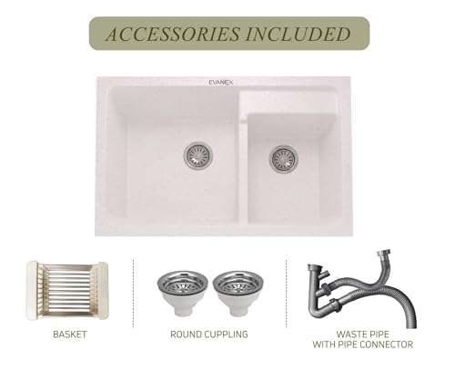 Image of EVANEX Quartz Kitchen Sink | 31x18x9 Inch Double Bowl Sink for Kitchen | Granite Topmount /Undermount Kitchen Sinks | Rosa Double Sink with Connector, Waste Pipe, Coupling and Drain Basket