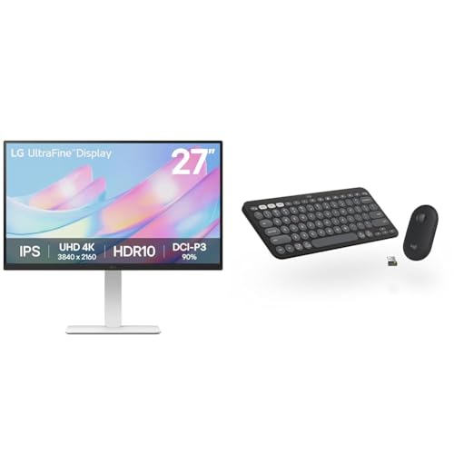 Image of LG 27US550-W 27 inch 4K (3840x2160) UHD Ultrafine IPS Computer Monitor with HDR10, DCI-P3 90%, Pivot, Swivel & Height Adjustable Stand, Borderless + Logitech Pebble 2 Combo Wireless Keyboard and Mouse