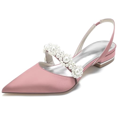 Women's Satin Wedding Flats for Bride Sling Back Pointy Toe Comfy Low Heel Drsssy Bridal Shoes Ladies Shoes