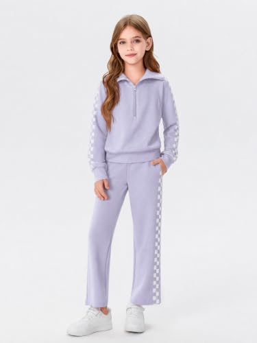 Image of Haloumoning Girls Sweatsuit 2 Piece Zip Long Sleeve Sweat Outfits | Half Zip,Waist drawstring,girls tracksuit