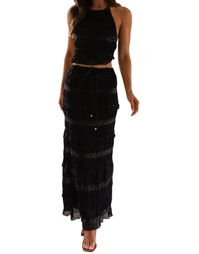 Faretumiya Women's Y2k 2 Piece Outfits Shirred Halter Neck Tie Up Tank Top Tiered Ruffle Maxi Skirt Summer Beachwear
