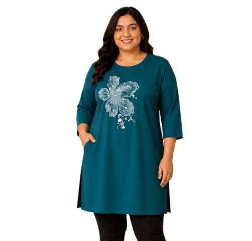 Image of RYSH Women's Plus Size Printed Nightshirt | Round Neck | 3 /4 Sleeve | Relaxed Fit Long Nightwear Top |