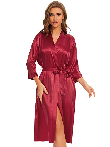 Kniffi Kimono Robes For Women Long Satin Robe Lightweight Silk Bathrobe Pure Bridesmaid Wedding Party Dressing Gown Wine Red M #TOP1