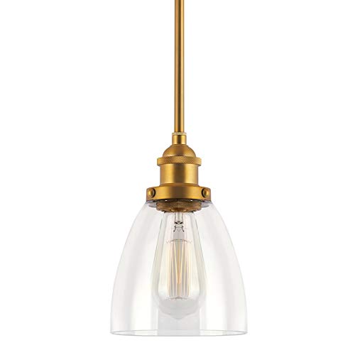 Kira Home Porter 8" Industrial Farmhouse Mini Pendant Light + Clear Glass Shade, Adjustable Height, Warm Brass Finish