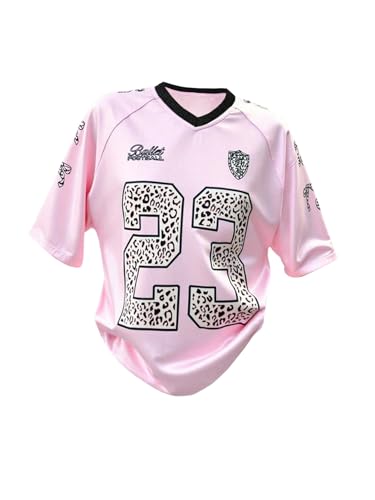 Image of RoseSeek Girl's Jersey Y2K Oversized Graphic Number Print Tops V Neck Short Sleeve T Shirt Hip Pop Tee Streetwear