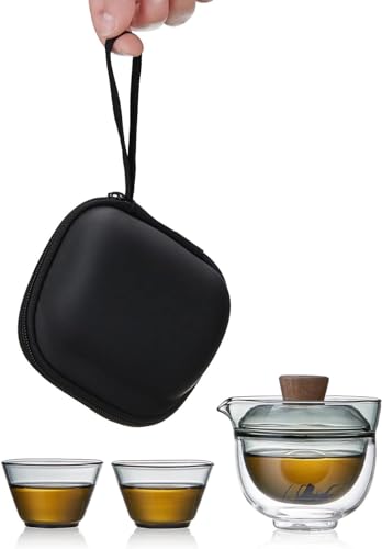 ポカロティー 旅行ティーセット 耐熱ガラス 携帯便利 蓋茶こし付き 保護ケース付 ダブルウォールガラス急須とティーカップ2個 170ml/40ml*2 熱湯可 一人用 日本茶 中国茶 紅茶 緑茶 玉露 コンパクト 茶器セット 功夫茶 墨色