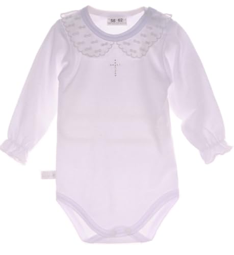La Bortini Baby Langarmbody Weiß mit festlichem Kragen und Kreuzchen Mädchen Body für Taufe Babykleidung elegant weich Babymode Geschenk Body festlich (Kreuz- Silber, 80-86)