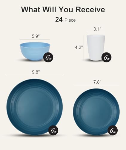 Image of Quatish 24 Piece Plates and Bowls Sets for 6, Unbreakable Dinnerware Sets, Dish Set for Camping, Dishwasher Microwave Safe, Outdoor Kitchen and Apartment Dorm Dinning RV Essentials, Blue