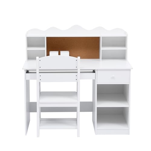 LovelyFurn Ensemble Bureau et Chaise pour Enfant – Évolutif avec Caisson de Rangement, Plateau Clavier, Panneau Liège, 2 Porte-stylos – Table d’Étude...