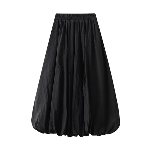 Women's High Waisted Balloon Midi Skirt Flowy Elastic Waist Bubble Hem Skirt Black Lightiweight Casual Party Summer