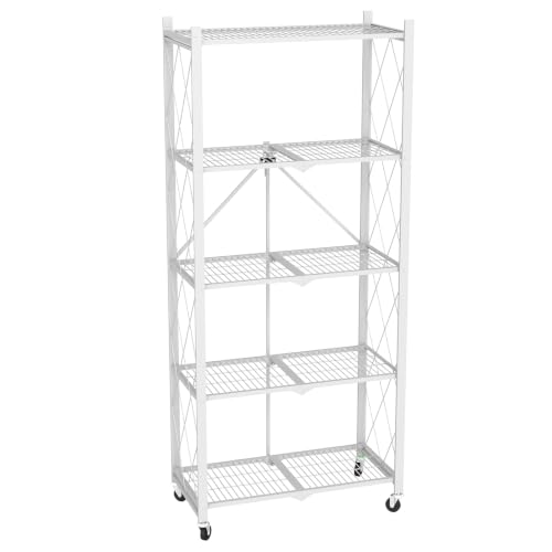 Image of black leopard 5-Tier Foldable Metal Storage Shelf with Wheels, White | Foldable Design; 85 lb Capacity per Shelf; Preassembled Frame; Lockable Casters; Reinforced Metal Construction