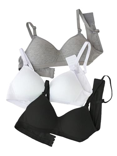 COZYEASE Girls' 3 Pieces Solid Patched Detail Ribbed Knit Bralette No Padding Casual Bralette