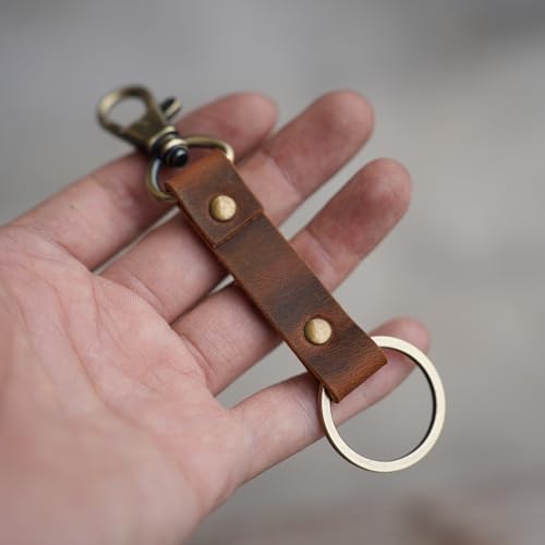 Image of JJNUSA Genuine Leather Keychain Walnut Leather Key Holder Mens Belt Key Chain Ring Fob