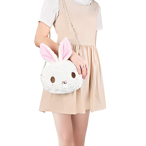 Image of kawaii bunny Crossbody bag,cartoon Plush Rabbit wallets,cute Lolita Handbag for women, Lovely Fluffy animal purse (pearl chain) white