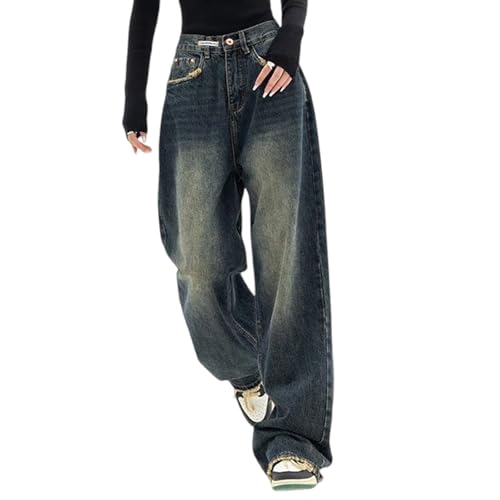 Pantalon jean ample femme style rétro à coupe large et taille haute avec poches