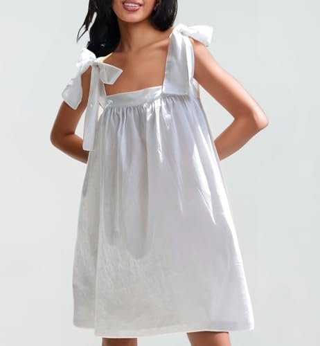Image of Women Floral Tie Shoulder Mini Dress Cute Square Neck Loose Fit Beach Short Dress Backless Boho Vocation Sundress