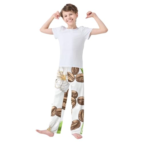 Coffee Bean and Floral Boys Long Pants Soft Trousers Elastic Waist Kids Lounge Bottoms with Pockets S-XL2