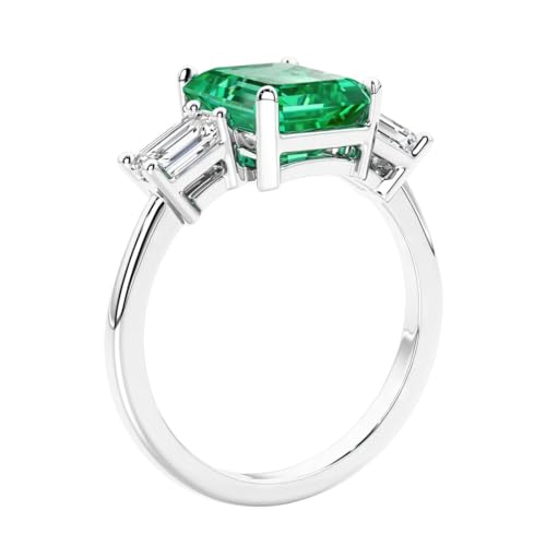 Solid 14k White or Yellow Gold 2 Carats Emerald Cut Lab Grown Colombian Emerald 3-Stone Ring with Diamond Sides, Engagement, May Birthstone, Birthday, Anniversary, Wedding Gift for Women, w/ Jewelry Box, Sizes 4-103