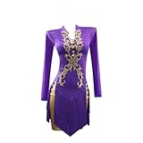 Yhwacyznm Vestidos De Baile Latino De Manga Larga Trajes De Baile De Salón con Flecos para Mujer Traje Profesional De Competición para Rumba Trajes De Tango para Adultos,Púrpura,S