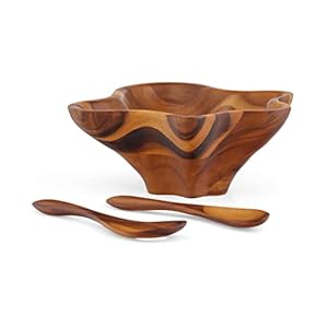 nambe Oceana Coral Salad Bowl with Servers | Made of Acacia Wood | Measures 15.5” x 16.5” | Large Salad Serving Bowl with Tongs | Designed by Wei Young