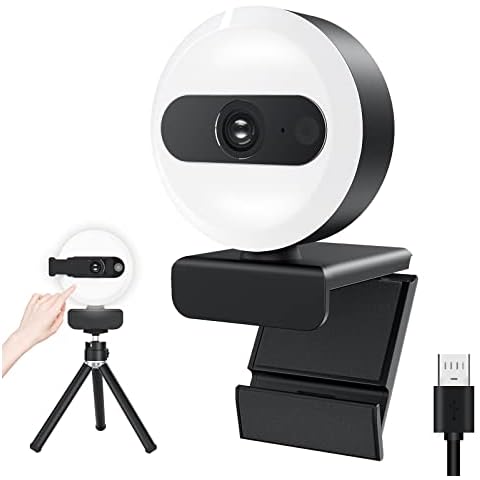 Webcam for pc, 2K HD Webcam with Microphone Tripod and Privacy Cover, Web Camera for PC with Touch Control Ring Light, USB Computer Camera for PC Laptop Video Calling Conferencing Cover