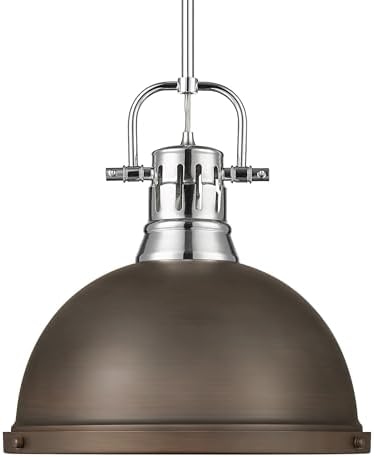 Golden Lighting Duncan 1-Light Pendant with Rod in Chrome with Rubbed Bronze