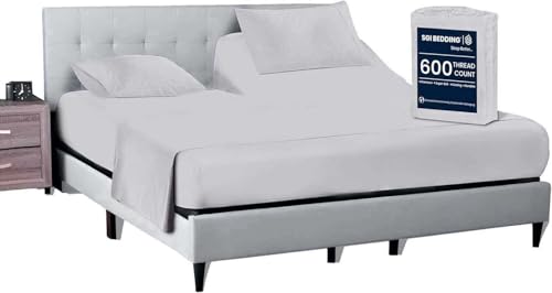 SGI bedding 32" Queen Split Top Flex Head Sheet 100% Egyptian Cotton Sheet Set - 600 Thread Count Flex Top Sheet Adjustable Bed - 4 Piece Sheet Set 15" Deep Pocket Sleep Number Bed - Silver