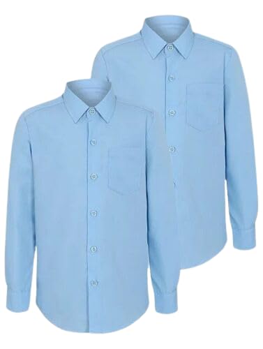 UniMark Paquete de 2 camisas de manga larga y manga corta para uniforme escolar para niños, camisas escolares azul claro y azul, ropa de trabajo para hombre, camisas cómodas