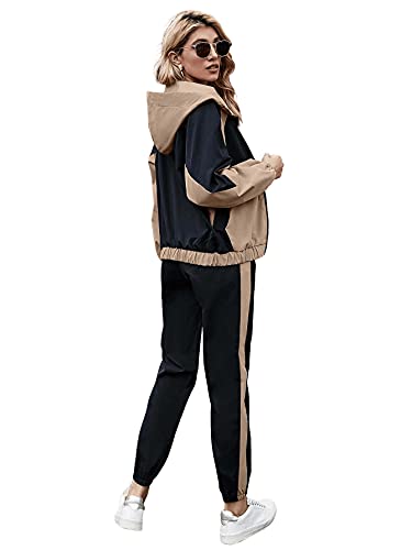 Sweatyrocks Women's 2 Piece Outfits Long Sleeve Full Zip Jacket And Pants Tracksuit Set Khaki Black S #TOP1