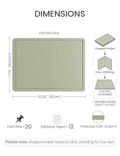 Fluxynara Bulletin Board, 23.6\" x 17.5\" Cork Board Alternative with 12 Safe Removable Adhesive Tabs, Foldable Felt Pin Board for Home Office, Classroom, Bedroom,Entryway for Walls—Sage