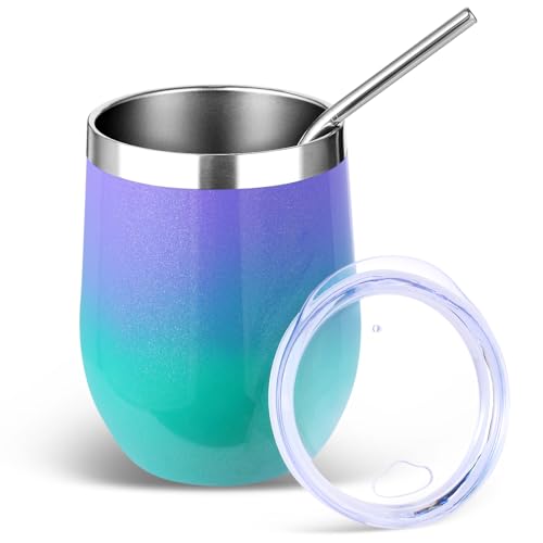 Volhoply 12oz Stainless Steel Wine Tumbler with Lid and Straw,350ml Double Wall Vacuum Insulated Stemless Wine Glasses,Travel Coffee Mug for Cold Drinks,Tumblers Gifts for Women(Purple Green,1 Set)