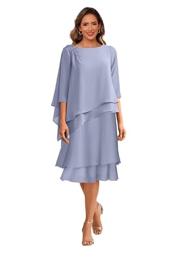 Tea Length Mother of The Bride Dresses for Wedding Scoop Neck 3/4 Sleeves Chiffon Ruffles Formal Evening Dress MDA0032