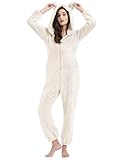 PEHMEA Women's Onesie Pajamas Sherpa Plush Hooded Romper Cozy Winter Sleepwear Holiday Party One Piece PJs for Adults, Teens(Beige-L)