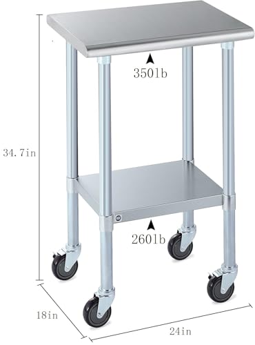 Image of ROCKPOINT Stainless Steel Table for Prep & Work with Caster Wheels 18x24 Inches, NSF Metal Commercial Kitchen Heavy Duty Table with Adjustable Under Shelf and Table Foot for Restaurant, Home and Hotel