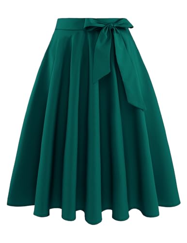 Trachtenrock Damen Knielang Röcke Vintage Rockabilly Oktoberfest Rock Basic Vielseitige Casual Tellerrock Hohe Taille Freizeitrock Dark Green M